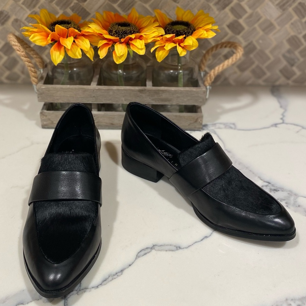 Lord & Taylor 424 Fifth Leather and Calf Hair Slip on Loafer with Block Heel.
